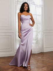Sweetheart Neck Pleated Sheath Dress With Slit Lilac