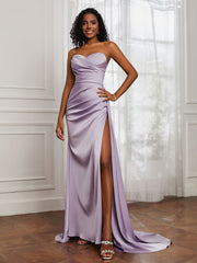 Sweetheart Neck Pleated Sheath Dress With Slit Lilac