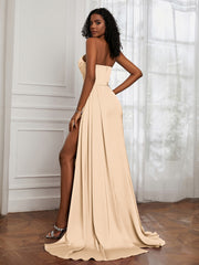 Sweetheart Neck Pleated Sheath Dress With Slit Champagne Plus Size