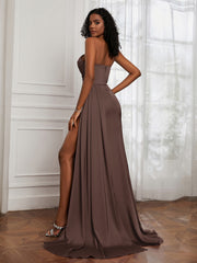 Sweetheart Neck Pleated Sheath Dress With Slit Chocolate Plus Size
