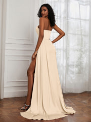 Sweetheart Neck Pleated Sheath Dress With Slit Peach