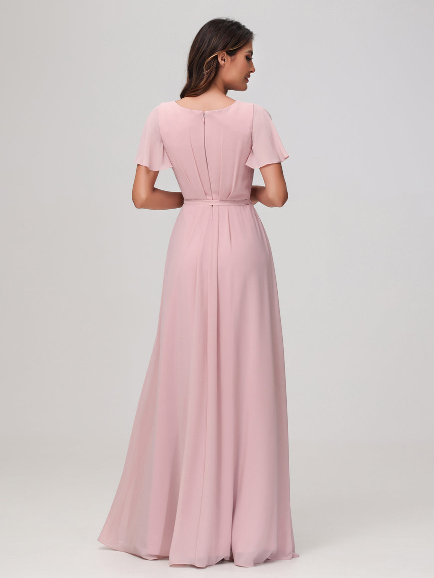 One FLUTTER SLEEVE Long Chiffon Dresses Dusty Rose Plus Size