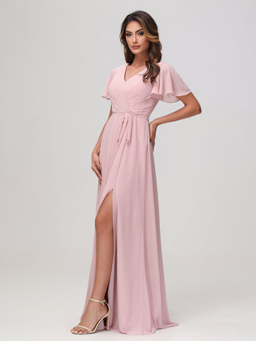 Off-the-shoulder A-line Ruched Chiffon Dress with Slit Dusty Rose