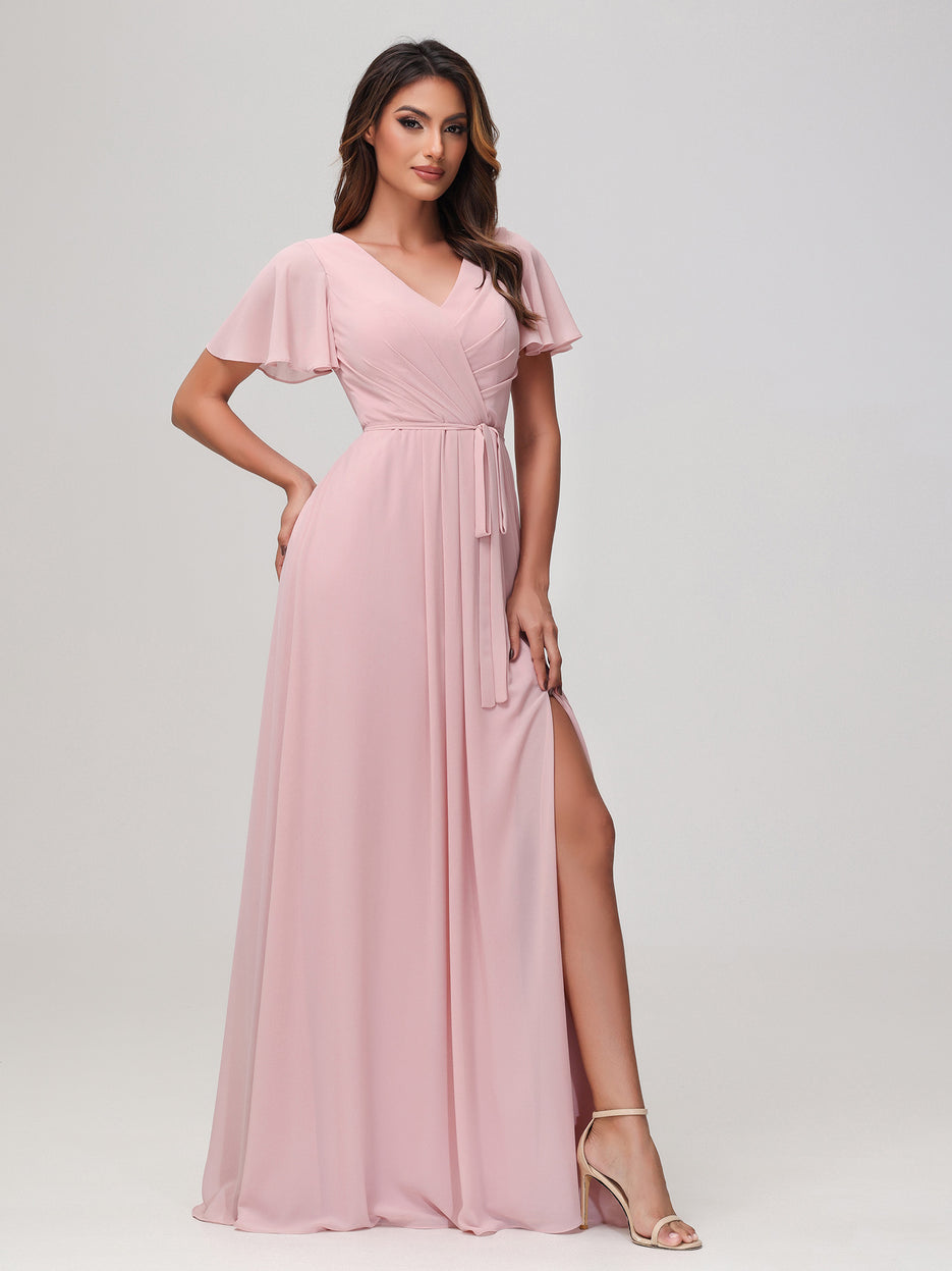 Flutter Sleeves Ruched Chiffon Dress with Slit Mist