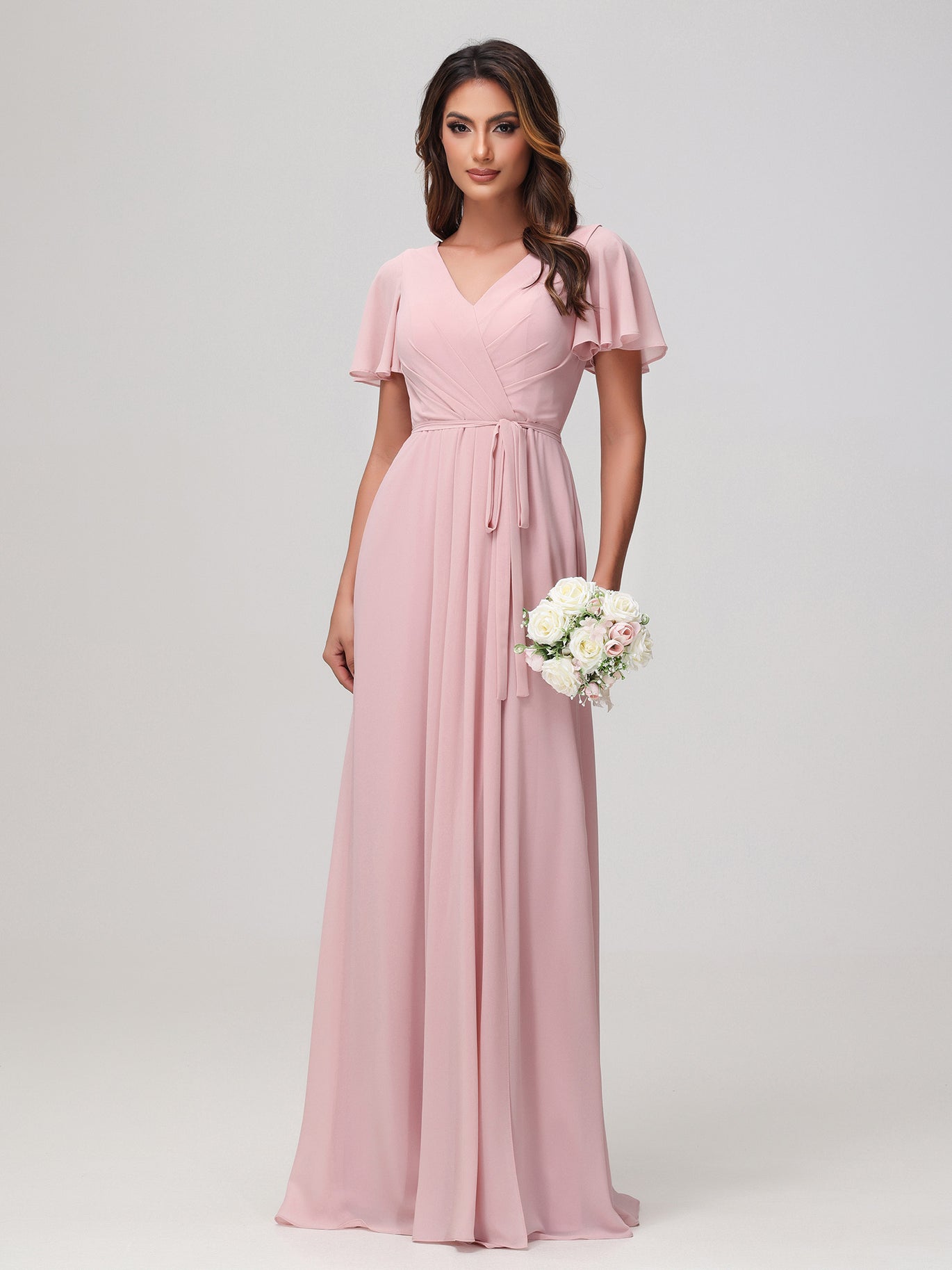 Vintage Mauve Chiffon Bridesmaid Dress BABARONI Maxi Wedding Party Gown with Flutter Sleeves Ruched and Sash
