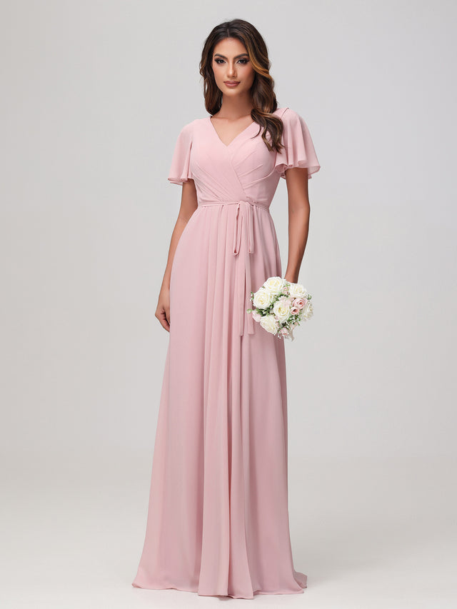 Flutter Sleeves Ruched Chiffon Dress with Slit Clover