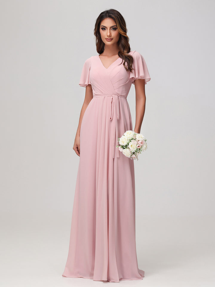 Flutter Sleeves Ruched Chiffon Dress with Slit Blushing Pink