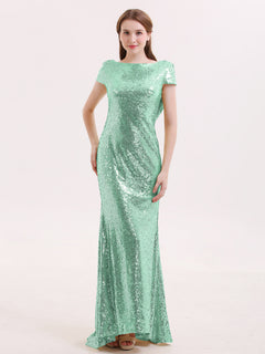 Sequins Lace Bridesmaid Dress with Cap Sleeves Mint Green