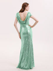 Sequins Lace Bridesmaid Dress with Cap Sleeves Mint Green