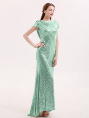 Sequins Lace Bridesmaid Dress with Cap Sleeves Mint Green