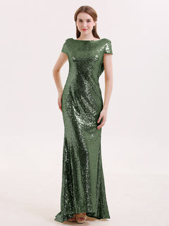 Sequins Lace Bridesmaid Dress with Cap Sleeves Olive Green