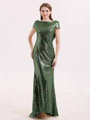 Sequins Lace Bridesmaid Dress with Cap Sleeves Olive Green Plus Size