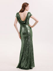 Sequins Lace Bridesmaid Dress with Cap Sleeves Olive Green Plus Size