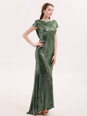 Sequins Lace Bridesmaid Dress with Cap Sleeves Olive Green Plus Size