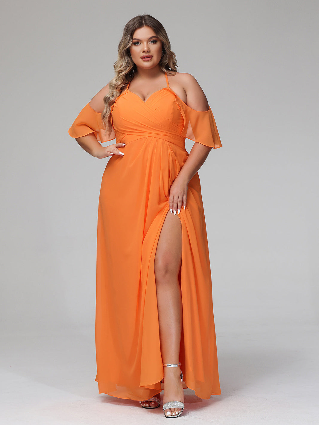 BABARONI Orange Plus Size Spaghetti Strap Empire Waist Bridesmaid Dress with Ruffle Sleeves BABARONI Orange Plus Size Spaghetti Strap Empire Waist Bridesmaid Dress with Ruffle Sleeves