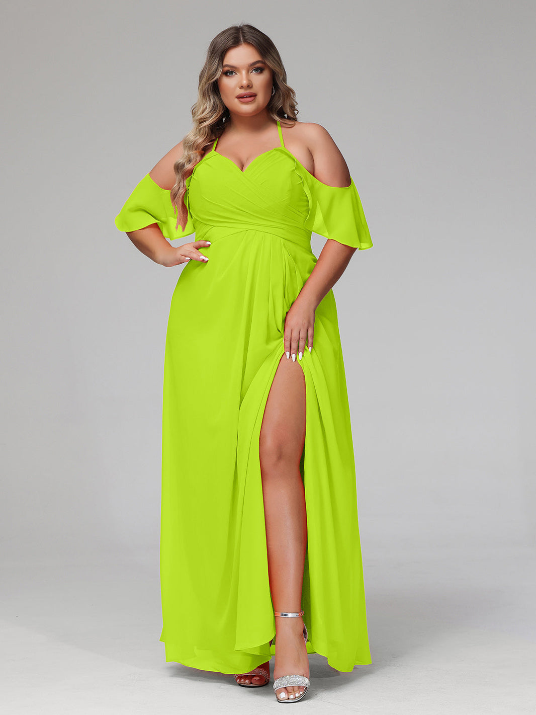 BABARONI Chiffon Lime Green Bridesmaid Dresses Sweetheart Floor-length  Spaghetti Straps with Slit Empire
