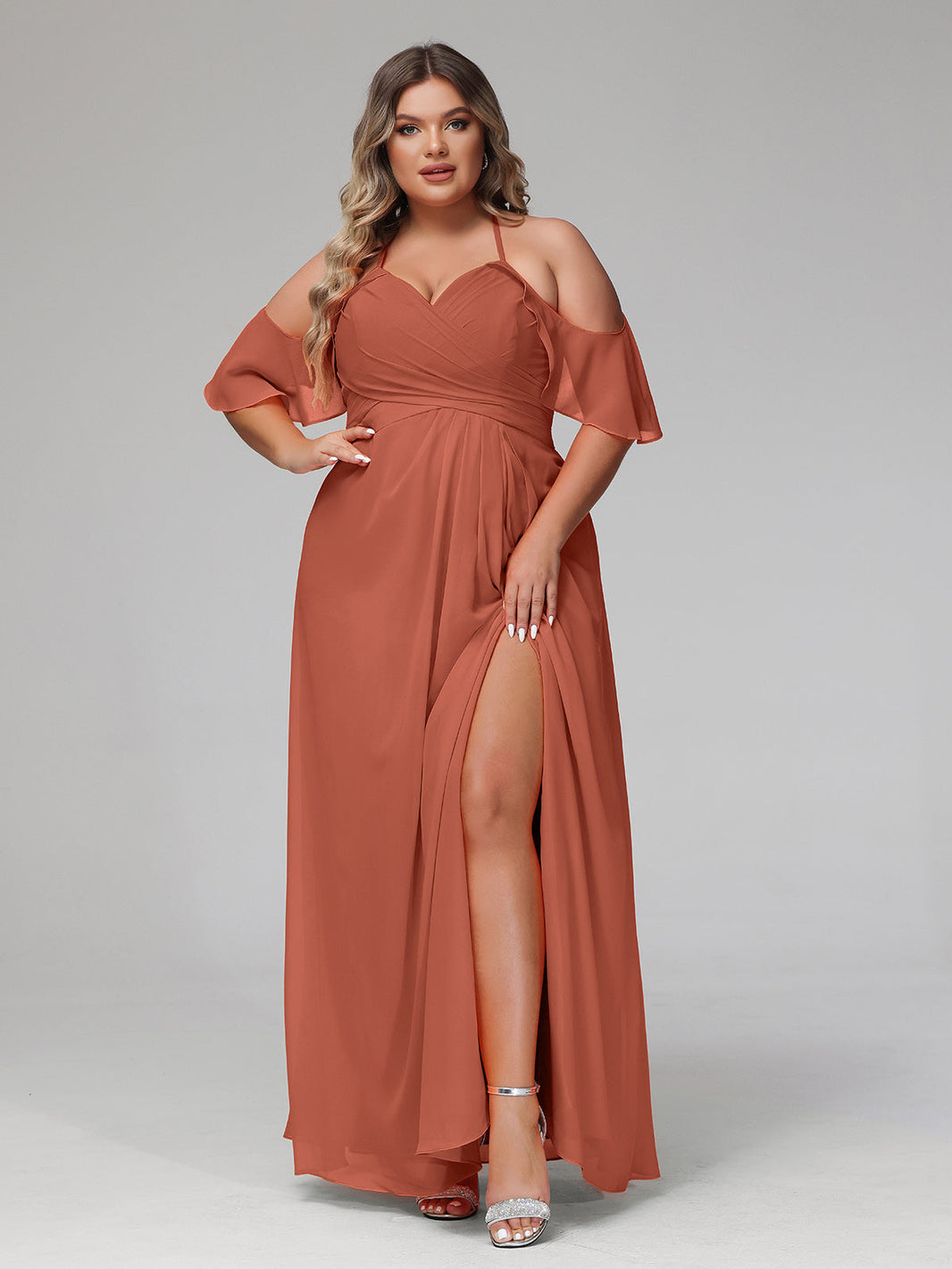 BABARONI Chiffon Rust Bridesmaid Dresses Sweetheart Floor-length Spaghetti Straps with Slit Empire BABARONI Chiffon Rust Bridesmaid Dresses Sweetheart Floor-length Spaghetti Straps with Slit Empire