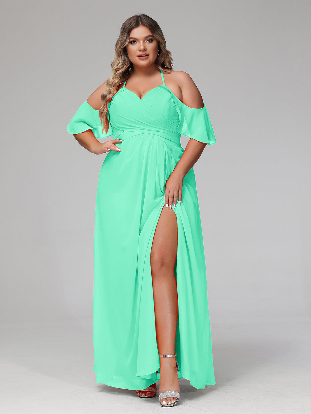 turquoise plus size bridesmaid dresses Spaghetti Strap Empire Ruffle Trimmed Sleeves Dress Turquoise