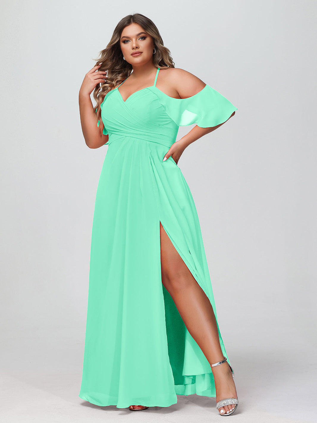 BABARONI Chiffon Turquoise Bridesmaid Dresses Sweetheart Floor-length  Spaghetti Straps with Slit Empire