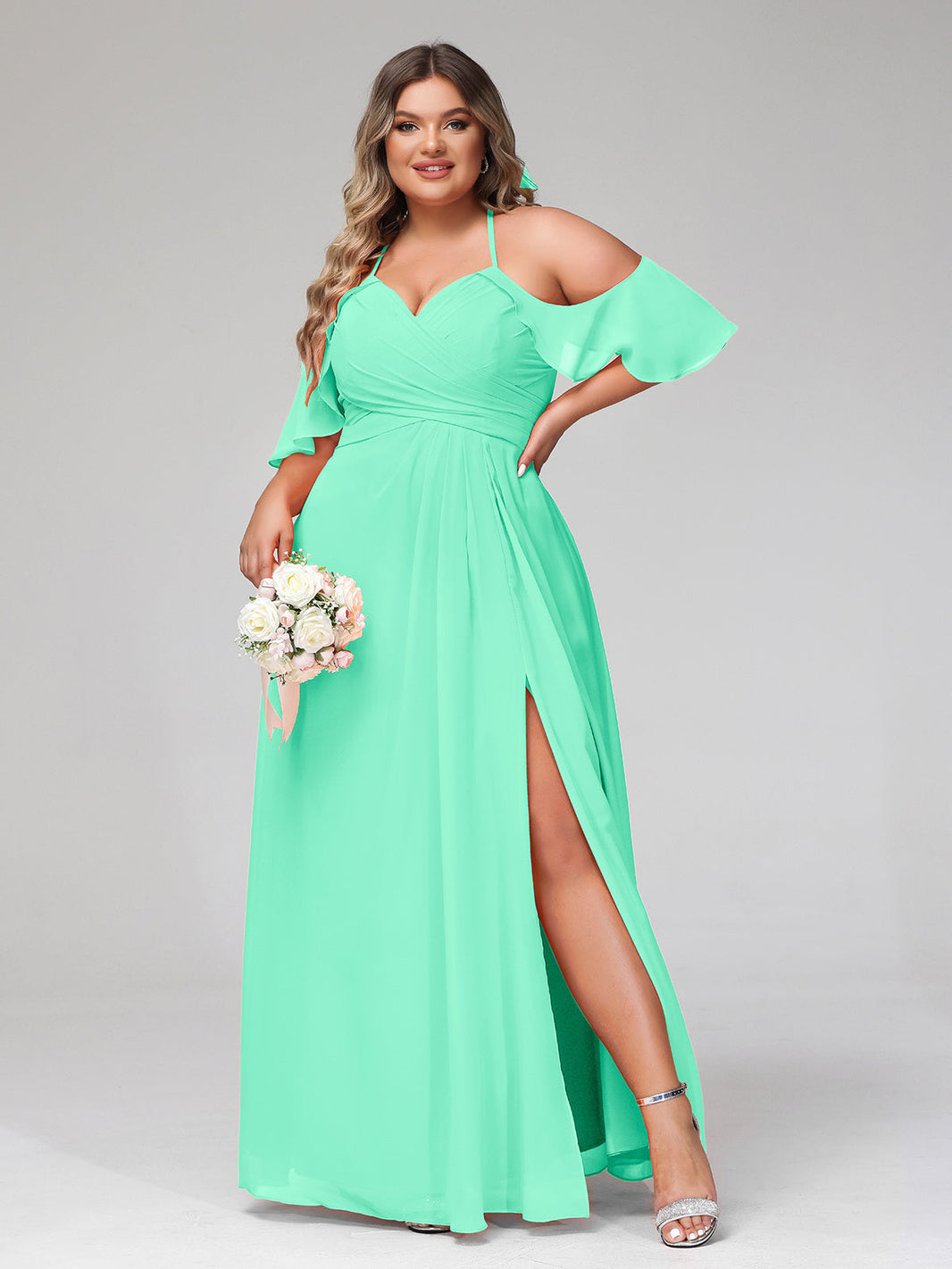 BABARONI Chiffon Turquoise Bridesmaid Dresses Sweetheart Floor-length  Spaghetti Straps with Slit Empire
