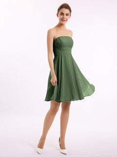 Strapless Chiffon Knee Length Bridesmaid Dress Olive Green