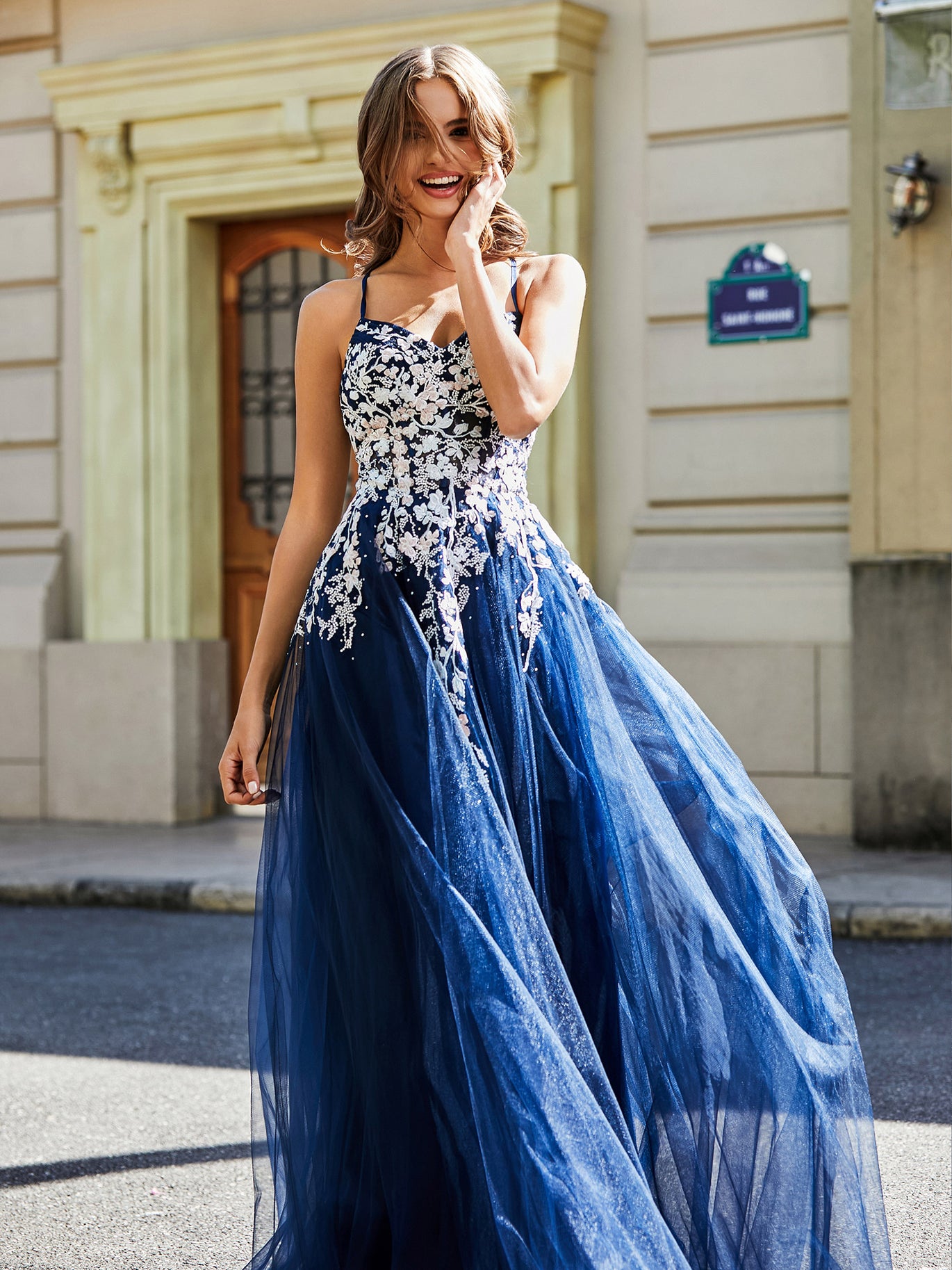 BABARONI Tulle Lace Dark Navy Prom Dresses A-line Sweetheart Spaghetti  Straps Appliqued Ruched