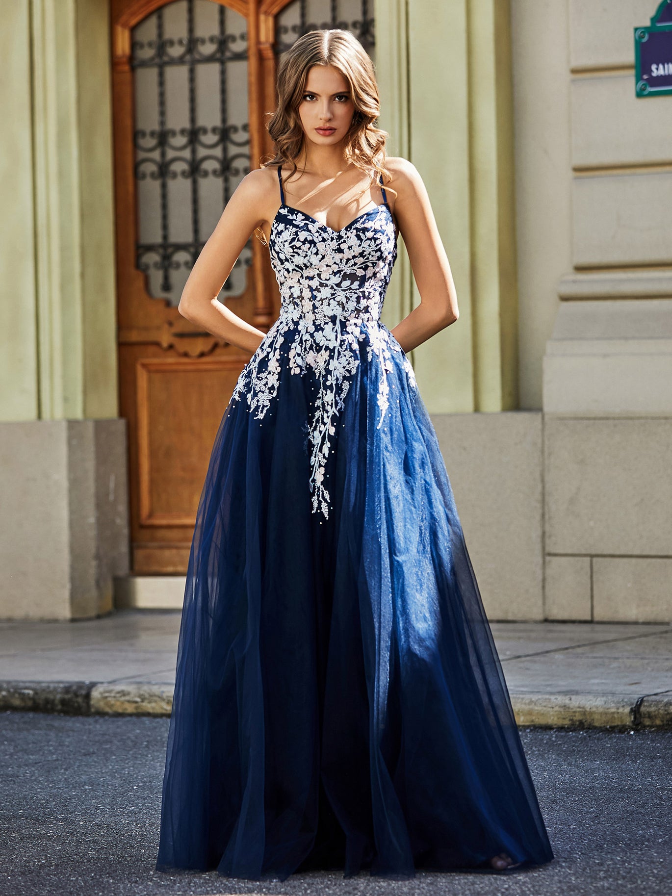 navy blue and cream prom dress Sexy Sparkle Spaghetti strap Navy Blue A-line Princess Tulle Prom Dress