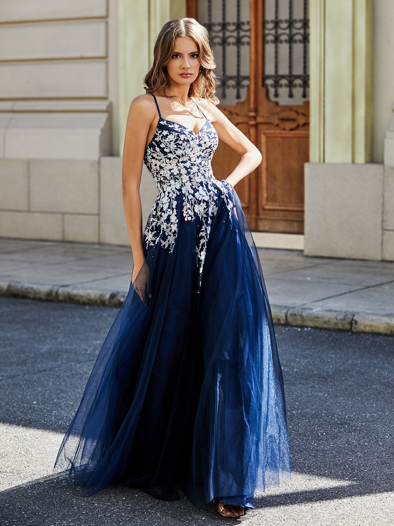 over the top prom dresses BABARONI BABARONI Tulle Lace Dark Navy Prom Dresses A-line Sweetheart Spaghetti Straps Appliqued Ruched, Dark Navy / US0