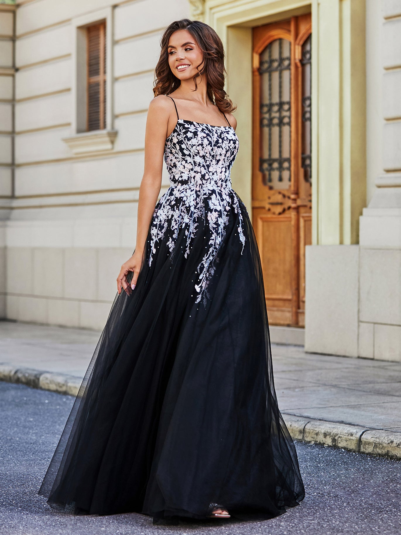 BABARONI Tulle Lace Dark Navy Prom Dresses A-line Square Spaghetti Straps Appliqued Lace Ruched, Dark Navy / US0