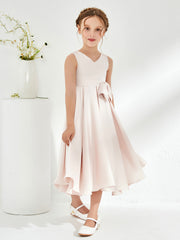 V-Neck Acetate Satin Girl's Dress with Bow Rose Petal