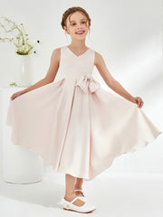 V-Neck Acetate Satin Girl's Dress with Bow Rose Petal