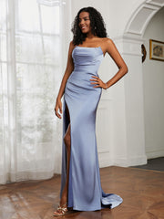 Pleated Sweep Train Sheath Gown With Slit Dusty Blue