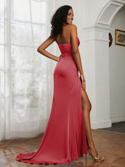 Pleated Sweep Train Sheath Gown With Slit Burgundy