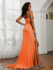 Pleated Sweep Train Sheath Gown With Slit Burnt Orange