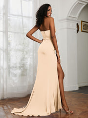 Pleated Sweep Train Sheath Gown With Slit Champagne