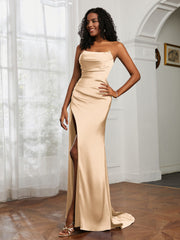 Pleated Sweep Train Sheath Gown With Slit Champagne