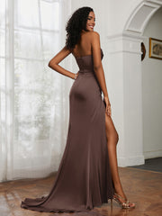 Pleated Sweep Train Sheath Gown With Slit Chocolate Plus Size