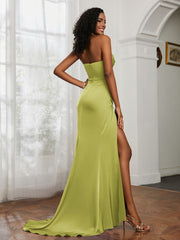 Pleated Sweep Train Sheath Gown With Slit Clover