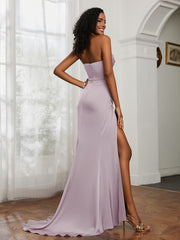 Pleated Sweep Train Sheath Gown With Slit Dusk