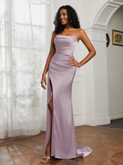 Pleated Sweep Train Sheath Gown With Slit Dusk