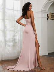 Pleated Sweep Train Sheath Gown With Slit Dusty Rose