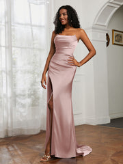 Pleated Sweep Train Sheath Gown With Slit Dusty Rose