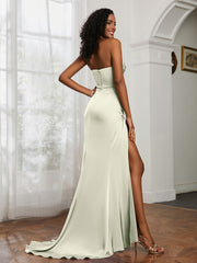 Pleated Sweep Train Sheath Gown With Slit Dusty Sage