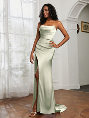 Pleated Sweep Train Sheath Gown With Slit Dusty Sage