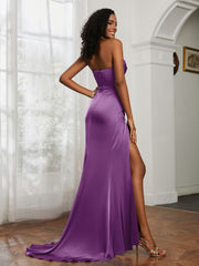 Pleated Sweep Train Sheath Gown With Slit Grape