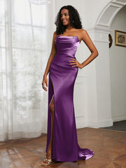 Pleated Sweep Train Sheath Gown With Slit Grape