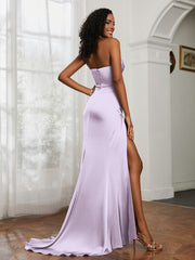 Pleated Sweep Train Sheath Gown With Slit Lilac Plus Size