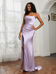 Pleated Sweep Train Sheath Gown With Slit Lilac