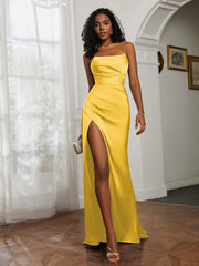 Pleated Sweep Train Sheath Gown With Slit Marigold