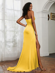Pleated Sweep Train Sheath Gown With Slit Marigold Plus Size